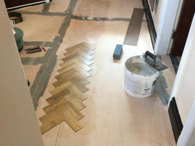 Karndean Art Select Blonde Oak Parquet Floor being fitted
