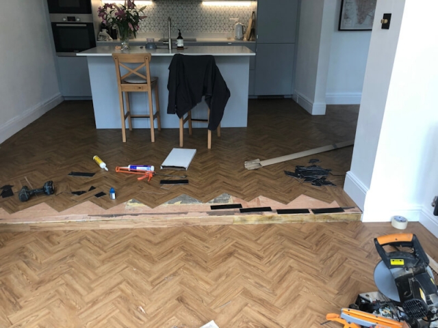 Neobo Wild Barley Parquet flooring being fitted in Prestbury