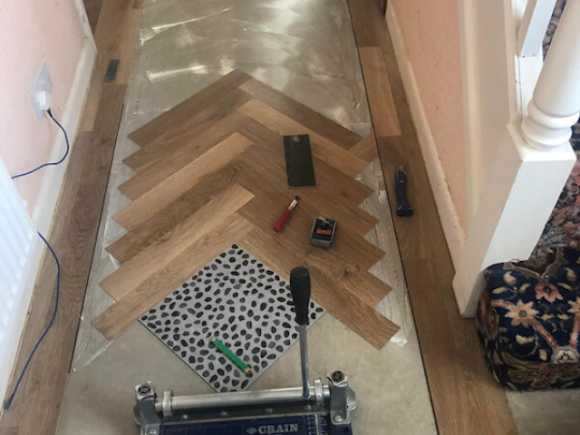 Karndean Pale Limed Oak fitted in lounge dinner and parquet planks fitted in hall